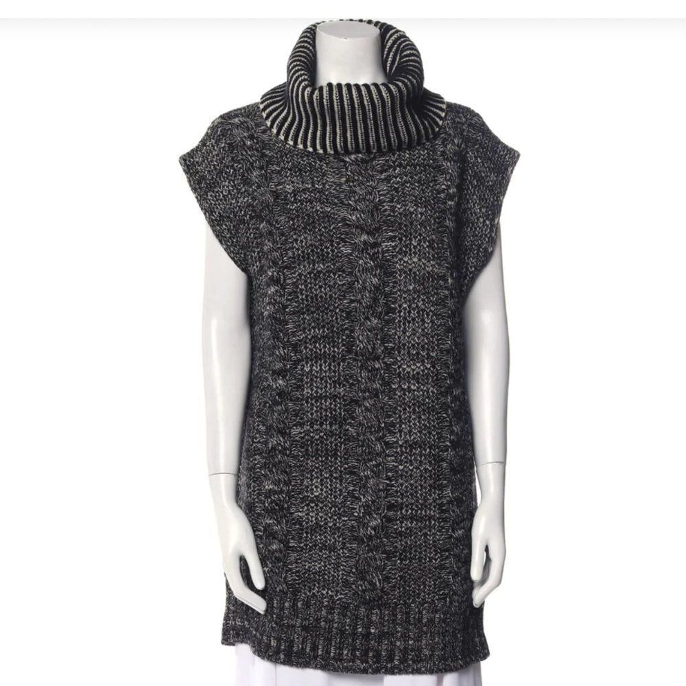 See by Chloe Black White Cable Knit Turtleneck Wool Blend Sweater Dress
